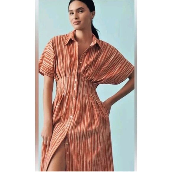 New Anthropologie The Tobie Button-Front Pleated Shirt Dress by Exquise Size M - Picture 4 of 10